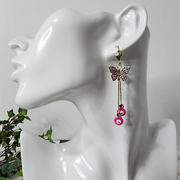 Gold Filled Hot Pink Evil Eye and Butterfly Dangle Earrings - Picture 6 of 7